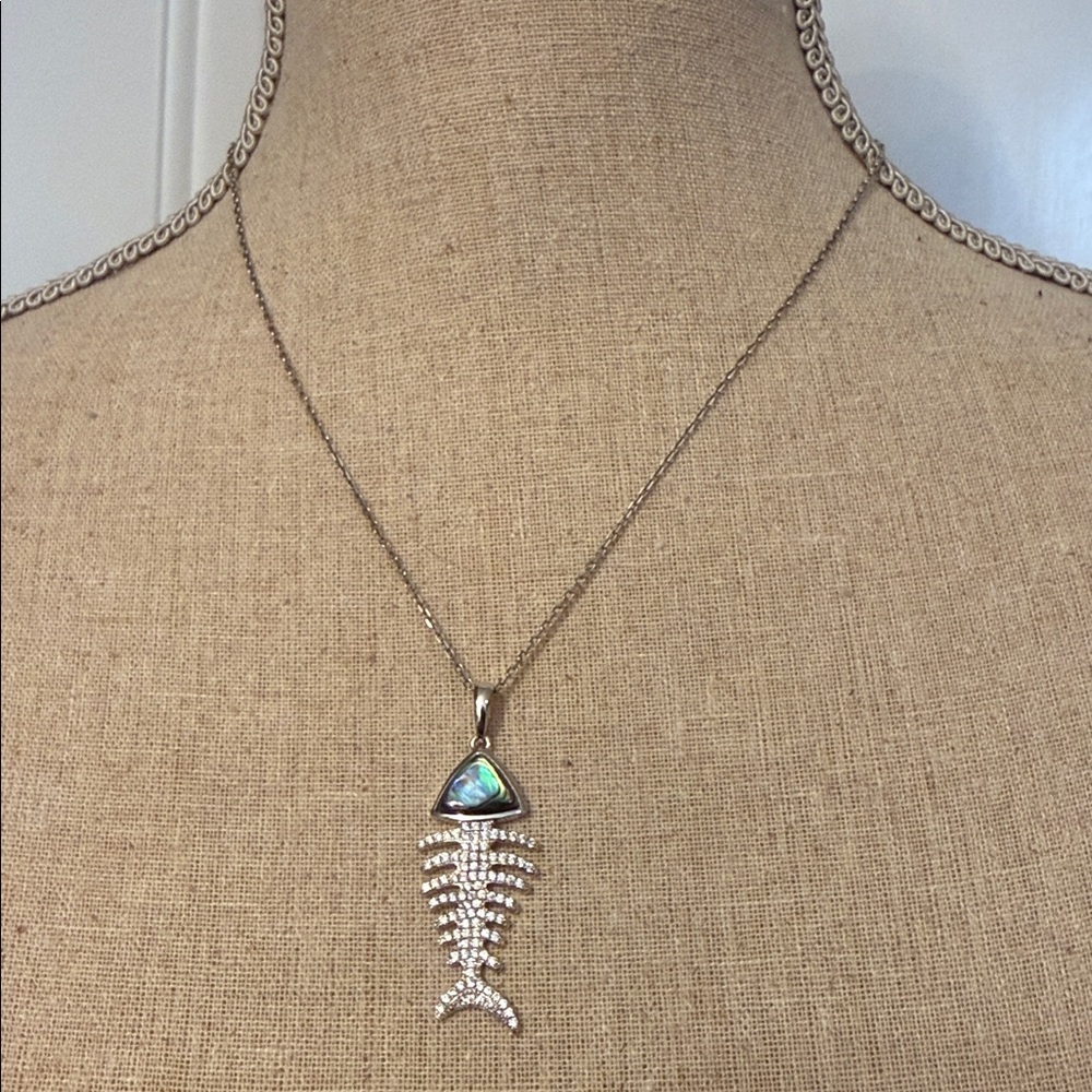 ITALY NECKLACE 925 STERLING SILVER CHAIN 18” W/ AKELA BONEFISH ABALONE PENDANT